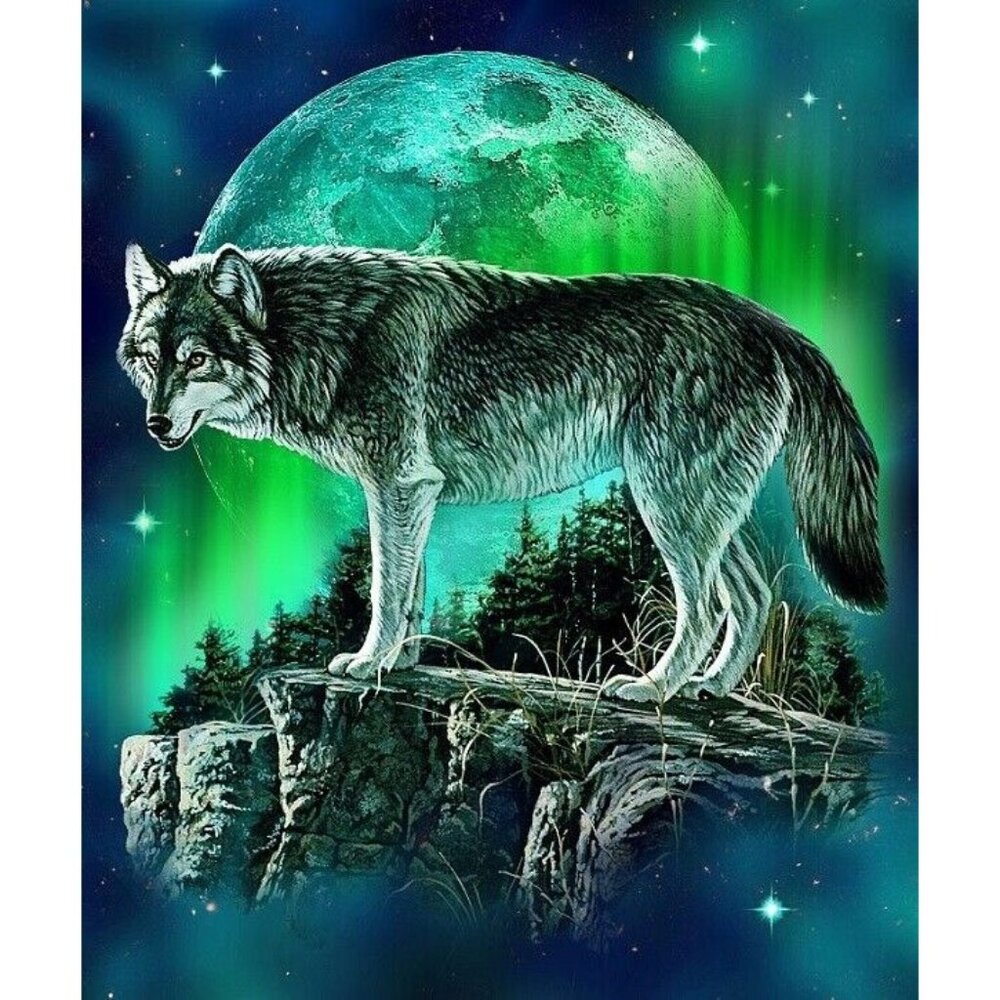 New Northern Lights Wolf Plush Fleece Throw Gift Blanket Sherpa Green Sky Moon